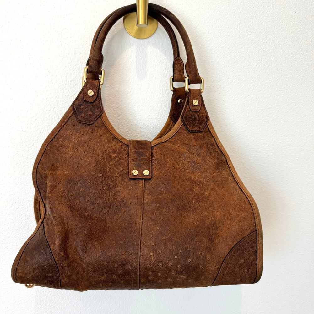 Michael Kors Distressed Ostrich Embossed Leather Shoulder Tote Bag Walnut Brown - Picture 2 of 12